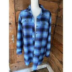 L.L. Bean Vintage Flannel Tunic/Shacket Women’s L  Blue Plaid Pockets Utility
